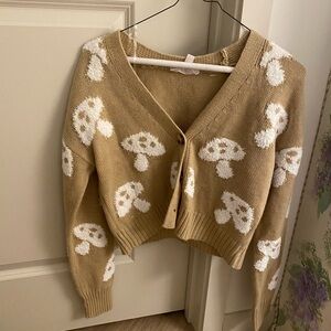No Boundaries Teen Tan Cardigan with White Mushroom Design